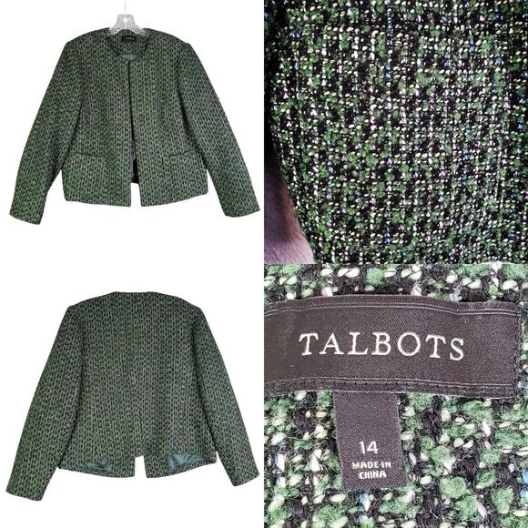 Talbots Blazer Women's Size 14 Green Tweed Long Sleeve Jacket Open Front - Picture 1 of 7